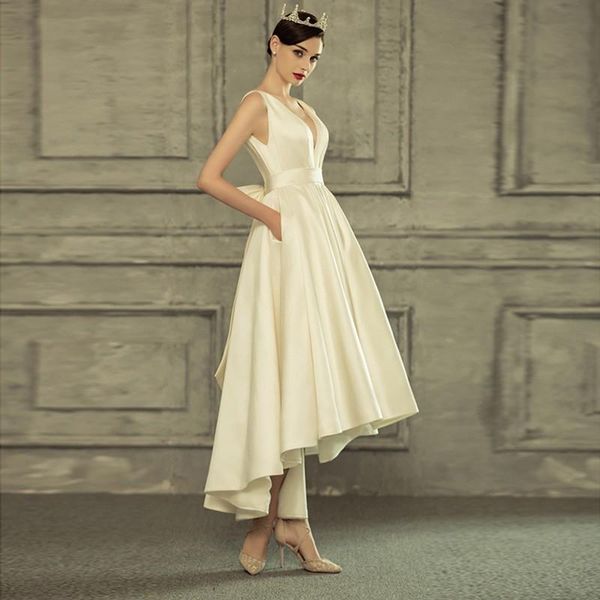 

ethnic clothing white satin deep v-neck bride wedding gown backless celebrity banquet dress tunic bow tied asymmetrical vestidos de fes, Red