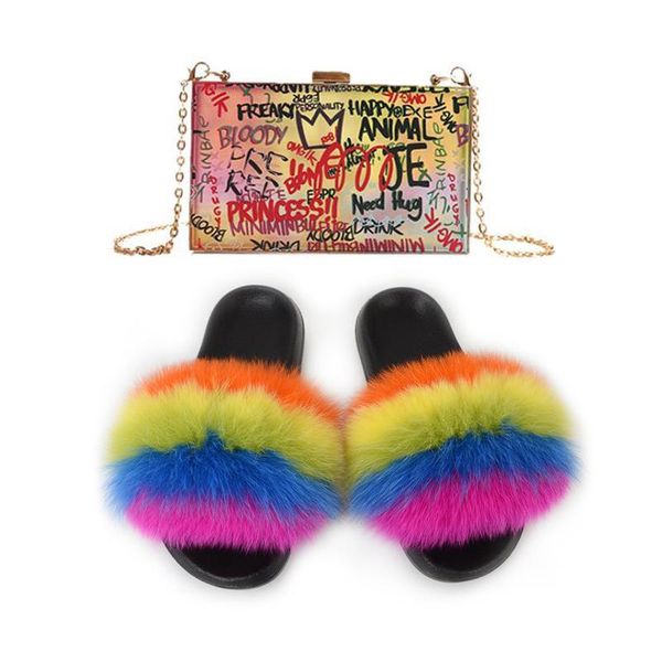 

women's fur slides ladies fluffy slippers female luxury shoes furry sandals colorful graffiti bags purse and sets, Black