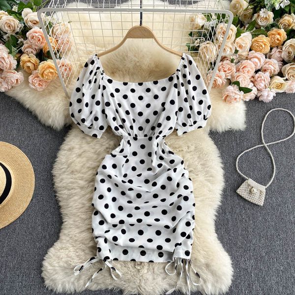 

casual dresses french women's summer 2021 new chic short puff sleeve hollow out waist ruched drawstring mini bodycon party 48, Black;gray