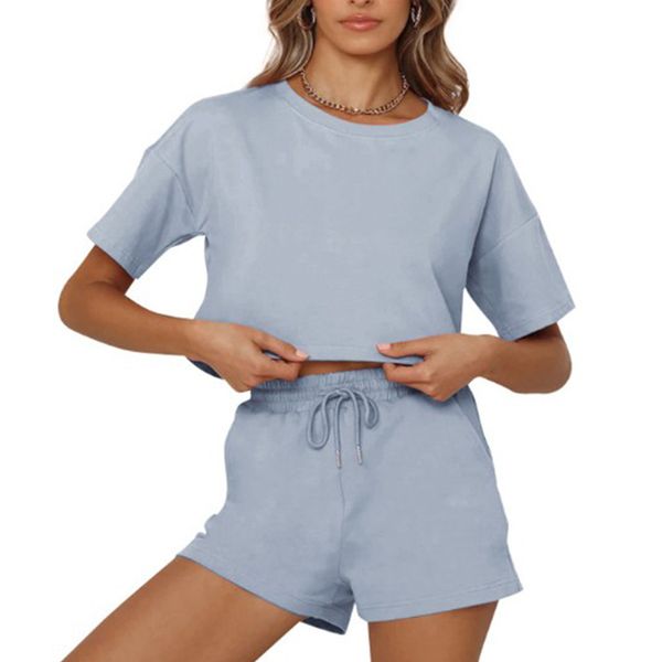 

summer solid loose casual women's shorts set crop short sleeve and lace up shorts tracksuits female sportwear simple basic 210518, White