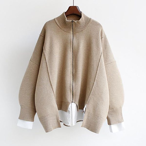 

women's knits & tees [ewq] korea chic black knitted cardigan women autumn 2021 laple loose zipper long sleeve sweater coat female fashi, White