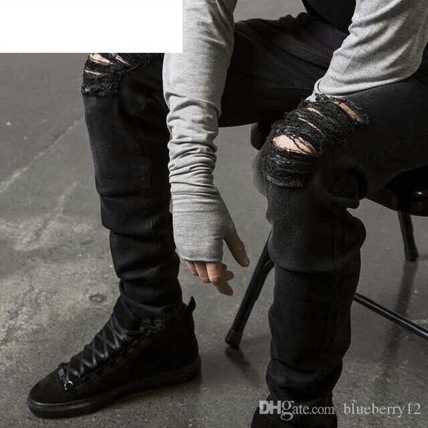 Mens em linha reta magro ajuste motociclista jean calças angustiado magro rasgado destruído jeans lavado hiphop calças preto moda