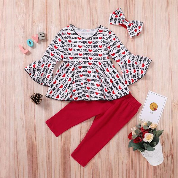 

clothing sets little girl's 3 piece set letter and heart print lace pagoda sleeve solid color long trousers hairband for 1-4t, White
