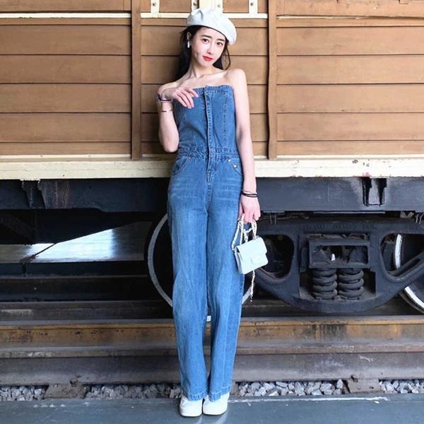 

women's jeans jumpsuit elegant strapless sleeveless full length blue backless tube denim high waist wide leg overalls
