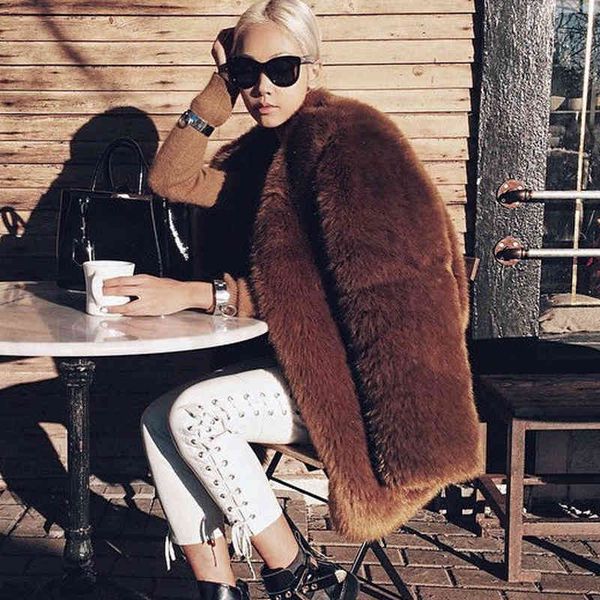 

blends luxury elegant women winter thick warm imitation mink overcoats medium long o-neck fluffy faux fur coats a288, Black