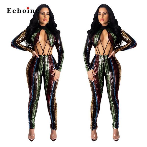 

women's jumpsuits & rompers women bodycon jumpsuit shining sequin patchwork cross straps hollow out zip slim long pencil pants streetwe, Black;white
