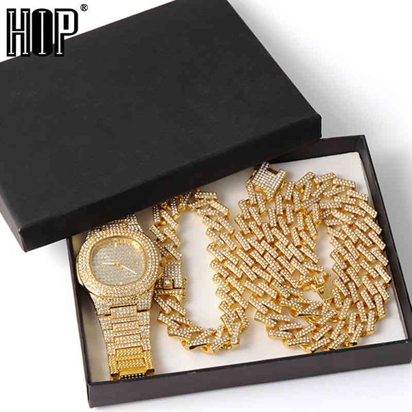 

watch +chain+bracelet hip hop bling iced out crystal 15mm cuban paved rhinestone miami zircon men's necklaces for men jewelry, Silver