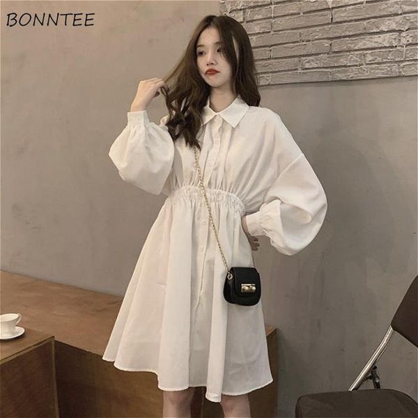 

dress women lovely trendy college style korean chic lantern sleeve girls vestidos elastic waist loose simple womens sundress casual dresses, Black;gray