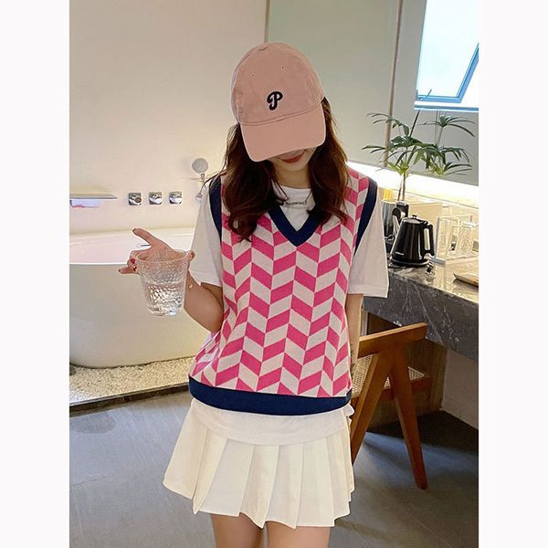 

hy255 blue pink plaid vest, White