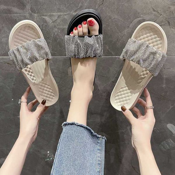 

slippers women wear summer fashion leisure thick bottom rhinestone lazy cool slippers 2022 new beach shoes, Black