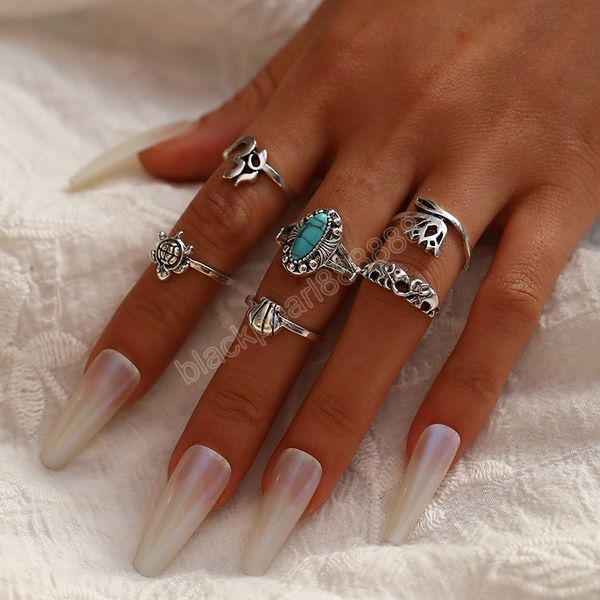 Gioielli di moda Knuckle Ring Set Geometric Animal Turtle Elephant Crown Anelli impilabili turchesi Set 6 pezzi / set