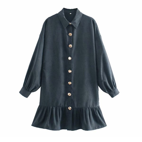 

women autumn solid mini shirts dress long sleeve buttons ruffles loose fashion street female elegant dresses clothes vestidos 210513, Black;gray