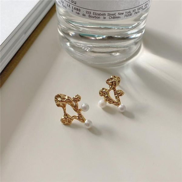 

other pofunuo real 925 sterling silver women anti allergy stud earrings original concave convex design irregular pearl chic, Golden;silver