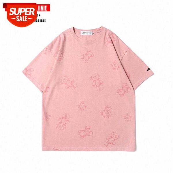 

streetwear men bear couple costume korean version of bf trend pink wild casual short-sleeved t-shirt and women ins #ji6r, White;black
