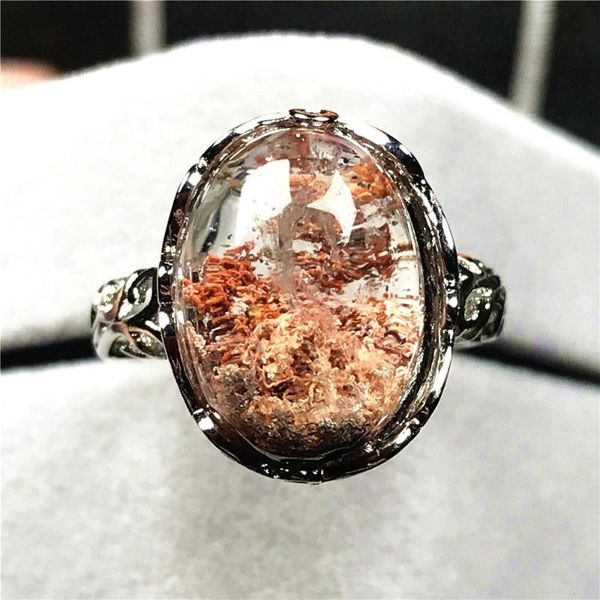 

cluster rings 17x14mm natural red phantom quartz ring jewelry for woman man crystal beads ghost garden stone silver adjustable, Golden;silver