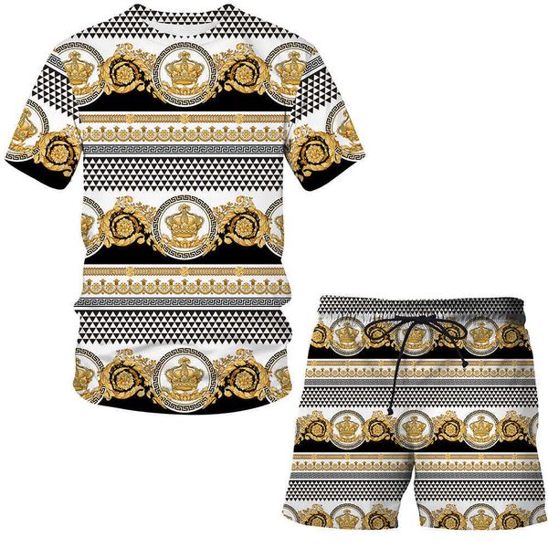 Sommer Kurzarm Casual T-shirt Shorts Herren Sweatsuit 2PC T Tops + Sweatpant Crown Gold Blume Set Moleton Masculino Unisex x0909