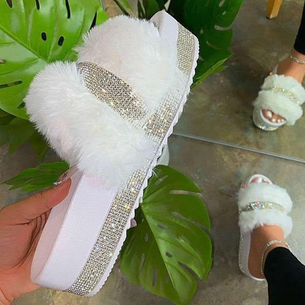 

women fur slippers summer sandals slides for big size 43 fluffy home flat female shoes indoor women' casual, Black