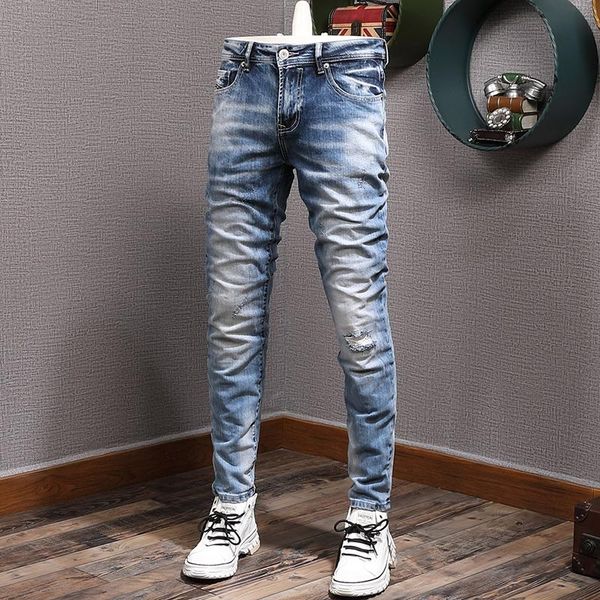 

men's jeans european vintage fashion men retro blue elastic slim fit ripped distressed plain designer casual denim pants