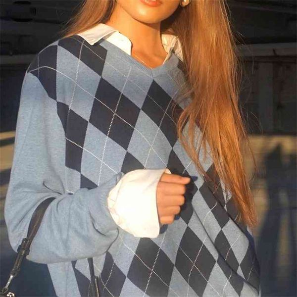 Англия стиль Аргайл геометрический вязаный свитер Женщины Винтаж плед осень теплый с длинным рукавом Y2K пуловер топы зимние джемперы 210510