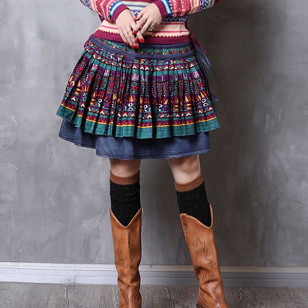 

johnature autumn fashion floral print patchwork retro pleated denim half skirt all-match comfortable women half skirt 210521, Black