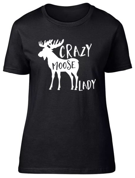 

crazy moose lady womens ladies short sleeve fitted t-shirt, White;black
