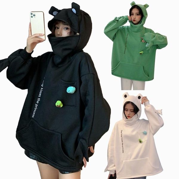 

women's hoodies & sweatshirts lover's women long sleeve sweatshirt oversize frog hooded hoodie fall winter loose jumper casual hi, Black