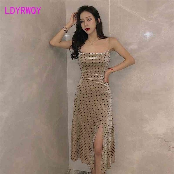 

fashion women's polka dot sling velvet ladies wind waist split dress zippers knee-length sleeveless office lady 210416, Black;gray