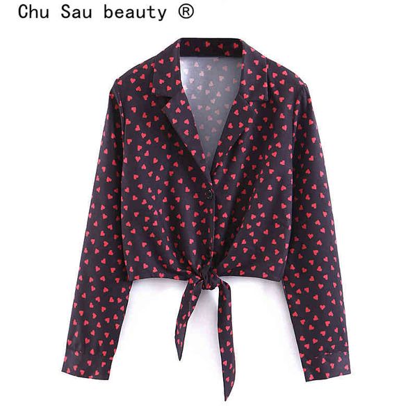 

chu sau beauty boho peach heart printed crop women french style button long sleeve bow blouses vestidos de mode 210508, White