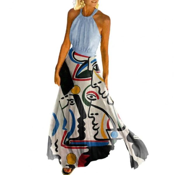 

casual dresses 2021 fashion women halter sleeveless dress ladies high waist abstract painting off shoulder for beach, Black;gray