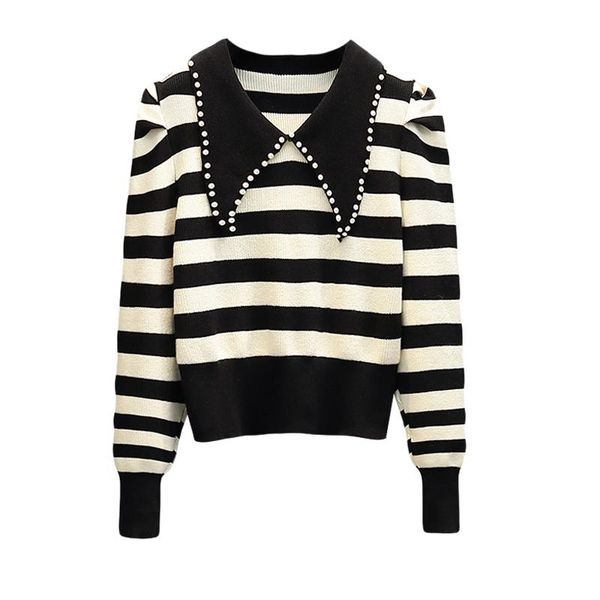 

women's sweaters 2021 autumn winter striped short sweater women fashion puff sleeve pearl turn-down collar pullovers streetwear knitted, White;black
