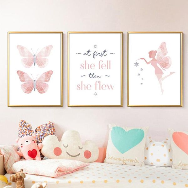

paintings elf butterfly fairy nordic style canvas painting pink english cartoon poster children's room living wall art decor pictures