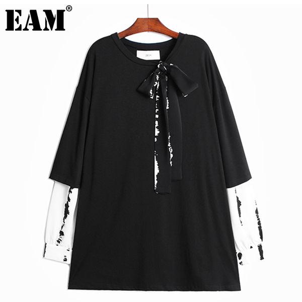 

[eam] women black big size chiffon bow printed dress round neck long sleeve loose fit fashion summer 1dd6618 210512, Black;gray