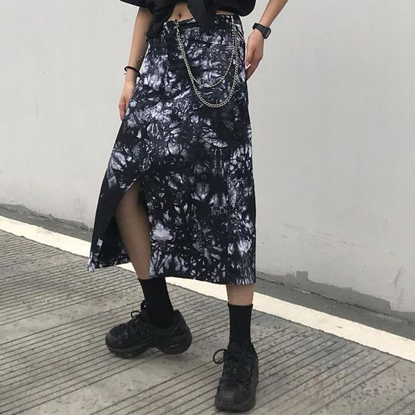 

high street casual skirt 2021 fashion loose designer simple thin irregular split fork tie dye waist skirts, Black