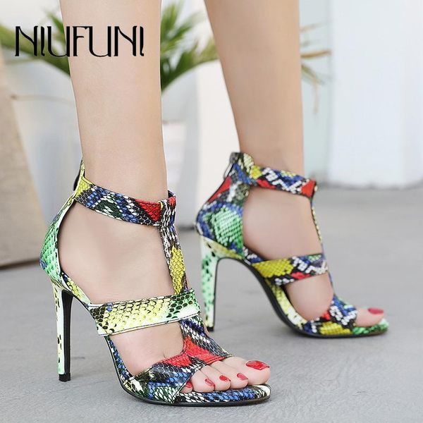

summer ladies sandals 2021 snakeskin color open toes stiletto roman instep strap back zipper women's shoes personality, Black