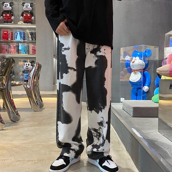 

men's jeans men high street casual tie dye baggy straight wide leg pants japanese harajuku denim trousers fashion streetwear autumn, Blue