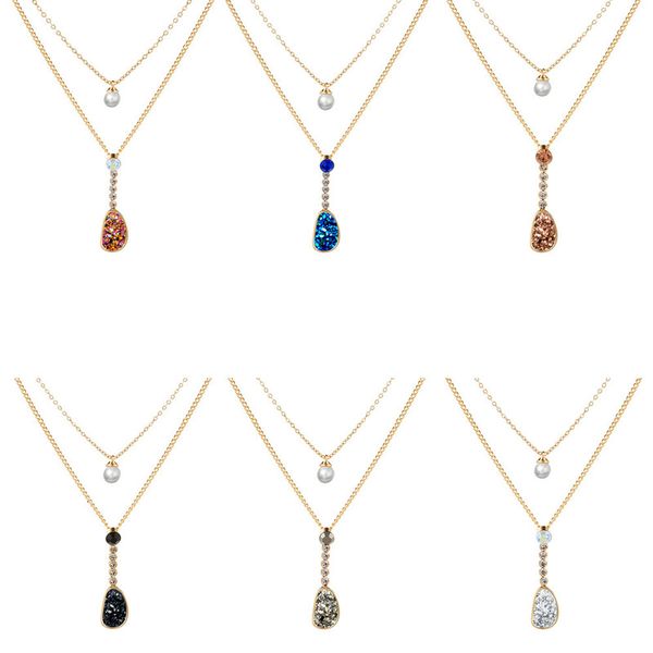 

cluster women's double crystal clavicle chain pearl inlaid diamond necklace jewelry, Silver