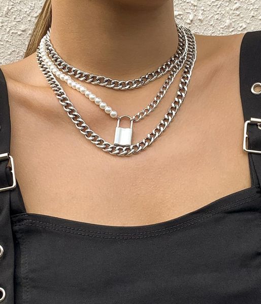 

pendant necklaces retro jewelry for women with stitching hollow chain imitation pearl necklace metal punk suit lock wholesale, Silver