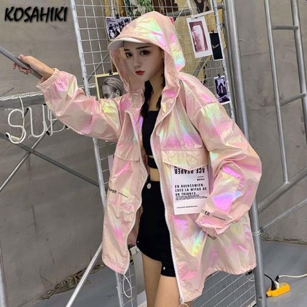 

women's jackets kosahiki shiny jacket women casual hooded windbreaker silver summer thin plus size long sleeve outerwear, Black;brown