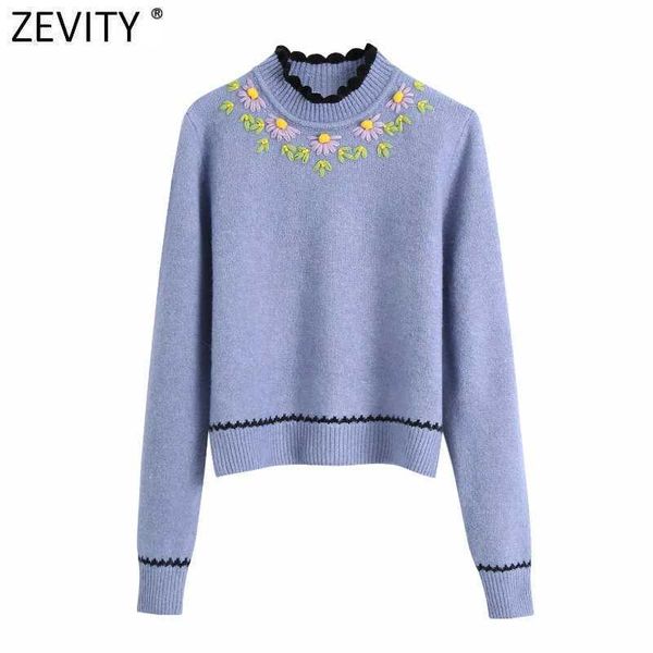 Zevity Mulheres Moda Lace Crochet Flor Appliques Casual Tricô Sweater Femme Chic Manga Longa Bordado Tops S575 210603