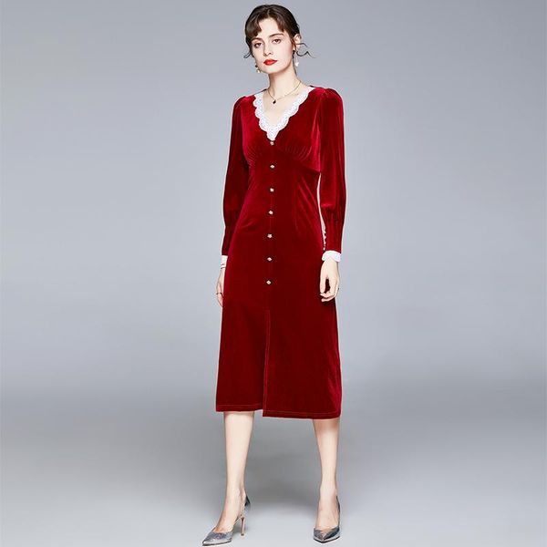 

casual dresses autumn fashion womens clothing 2021 elegant designer full sleeve white lace patchwork solid vintage midi velvet party dress, Black;gray