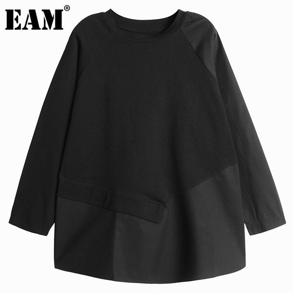 

[eam] women asymmetrical spliced button big size t-shirt round neck long sleeve fashion tide spring autumn 2021 1dd3065 women's, White