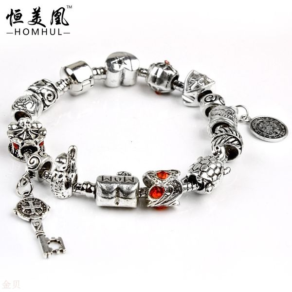 

party favor chrome/hearts bracelet personalized cross key pendant bracelet diy hand-assembled alloy beads with large hol