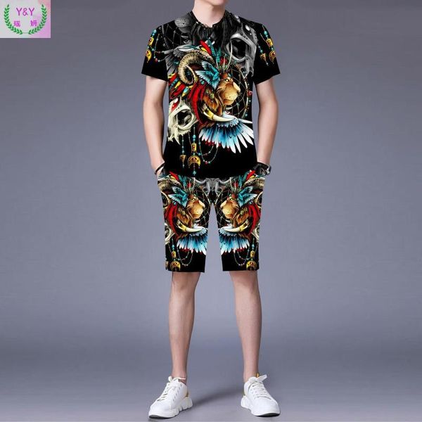 

men's tracksuits chinesestyle personality printed beach pants suit cropped oversized student short-sleeved loose casual sports summer, Gray