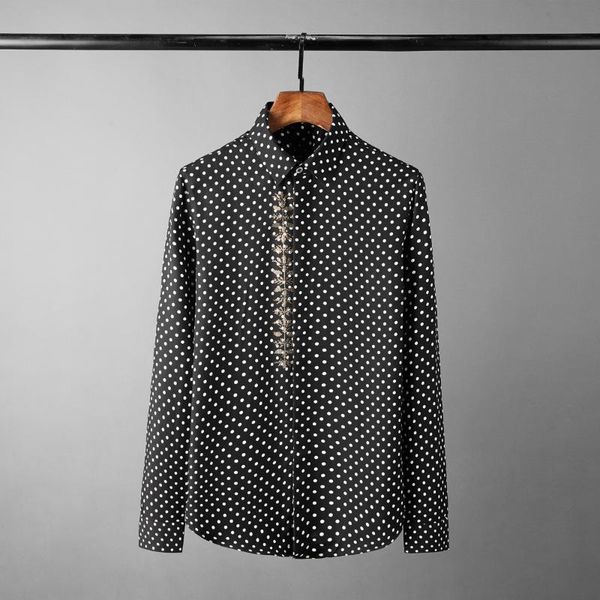 

men's casual shirts 2021 100% cotton men luxury diamond long sleeve polka dot mens dress plus size 4xl slim fit party male, White;black