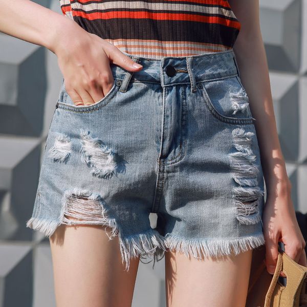 

women's shorts 2021 summer new denim high waist loose thin hole versatile student wide leg pants children, White;black