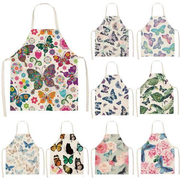 

aprons 1pc cotton baking waist bib linen flower butterfly printed kitchen sleeveless chef apron women home cooking pinafore 55x68cm