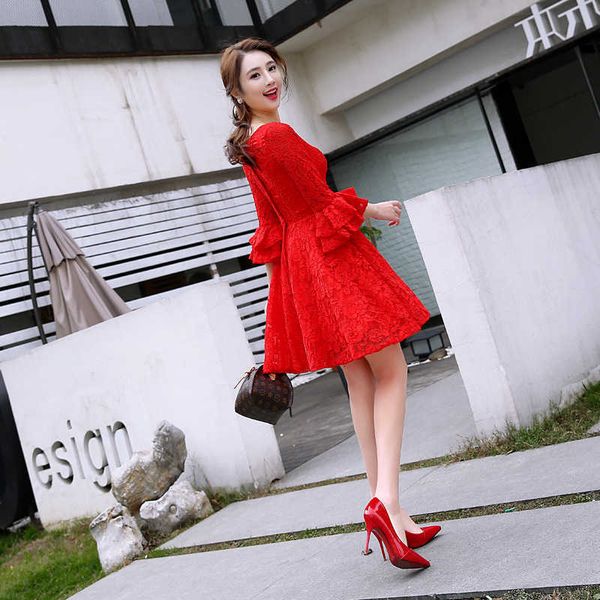 

evening luxury dresses toast bride spring 2021 party short trumpet sleeve korean evening drs, Black;red