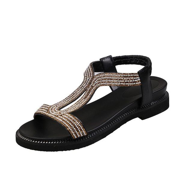 

women's sandals fashionable and versatile personalized upper design rhinestone decoration roman style, Black