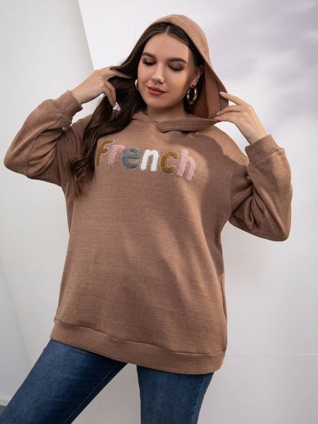 

plus rhinestone letter graphic drop shoulder hoodie p72s#, Black