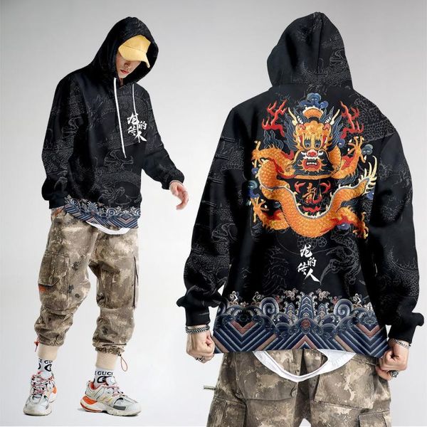 

men's hoodies & sweatshirts chinese dragon printed couple men women hip hop casual streetwear pullover oversize 6xl, Black